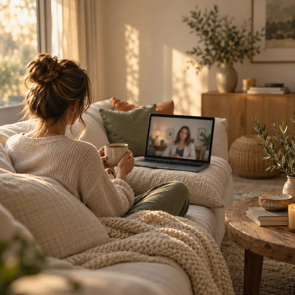 A person attending an online counselling session from home