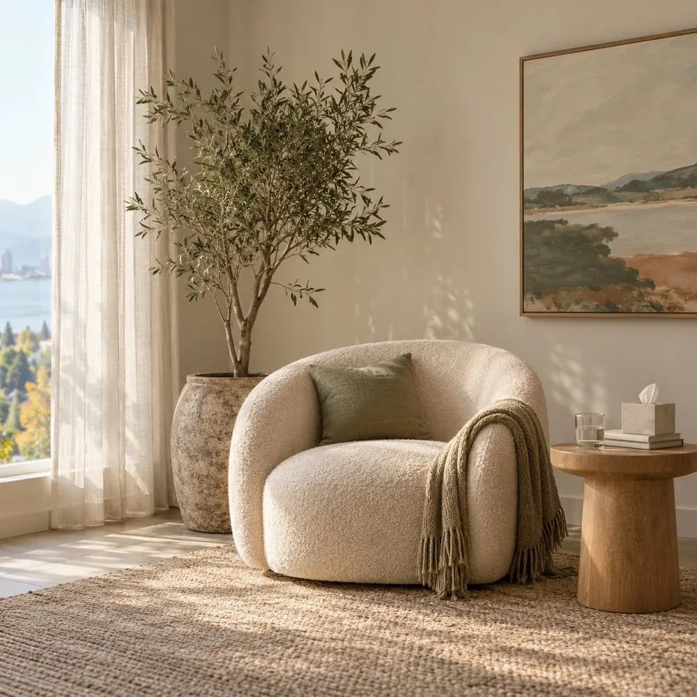 A cream armchair beside an olive tree and a side table in a calm, softly lit counselling room