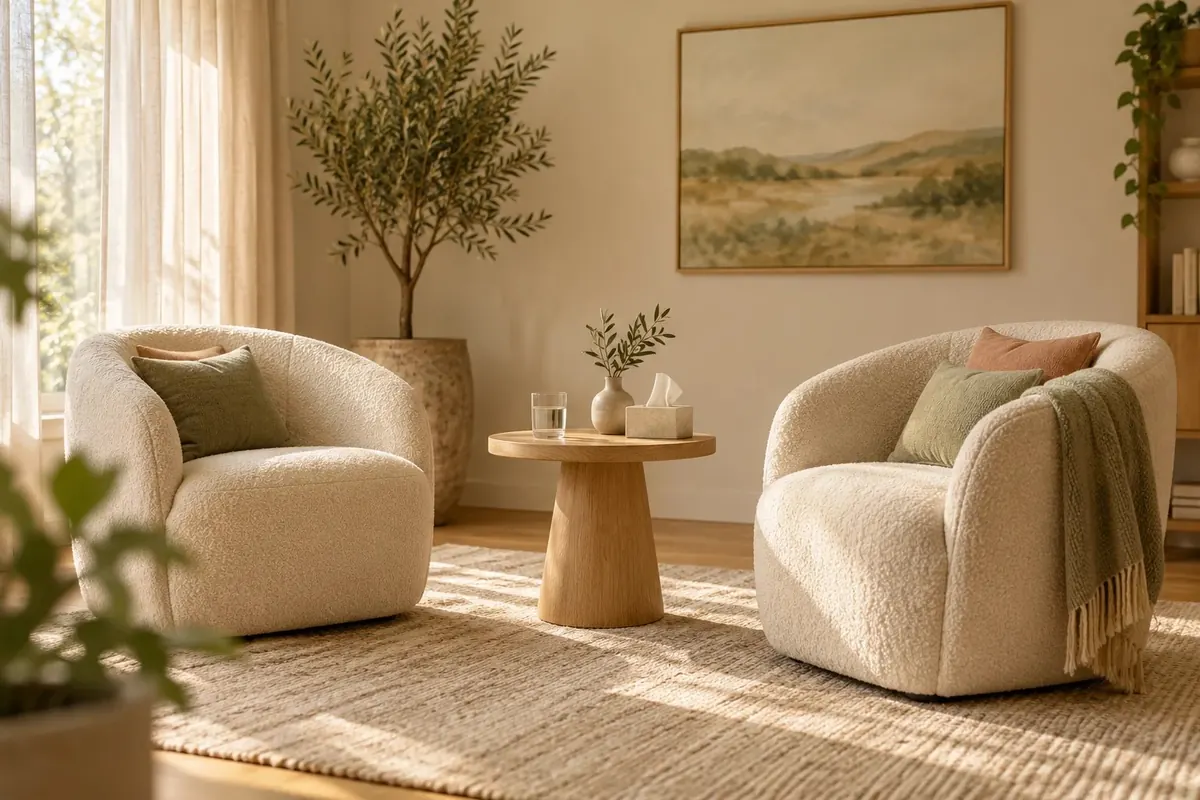 A calm, softly lit counselling room with two cream armchairs facing each other