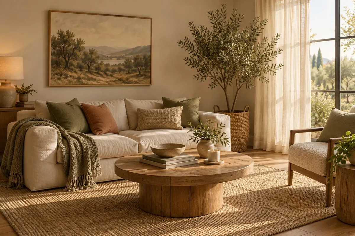 A warm, softly lit lounge with a linen sofa, olive tree and soft daylight